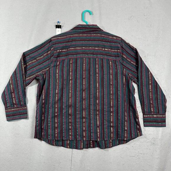 CJ Banks Womens Button Up Top Long Sleeve Stripes Maroon Green Plus Size 1X - Picture 2 of 11